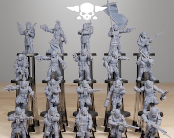May include: A collection of gray miniature figurines of soldiers, each posed with weapons and gear. The figurines are arranged on individual black stands. The text "STATIONFORGE" and a skull logo are at the top.