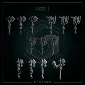 May include: A collection of nine gray axes with various blade designs and handle details. The axes are arranged on a dark green background with the text "AXES 1" at the top and "GREYTIDE STUDIO" at the bottom.
