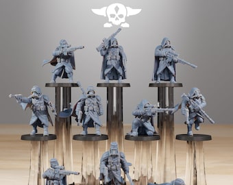 May include: A collection of miniature figurines of soldiers in futuristic armor, each holding a weapon. The figures are gray and stand on clear, cylindrical platforms. The text "STATIONFORGE" is at the top of the image, along with a skull logo.