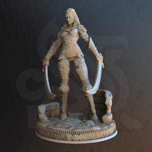 Puede incluir: Figura detallada de una guerrera, vestida con armadura y sosteniendo dos espadas curvas. La figura se encuentra sobre una base decorativa con textura de piedra. La armadura incluye hombreras, peto y rodilleras.