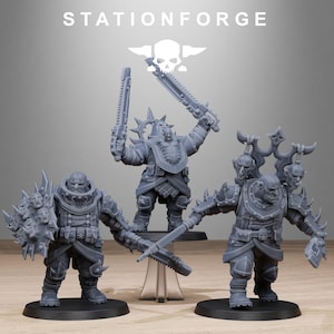 May include: Three gray miniature figurines of armored warriors with weapons. The figurines are standing on black bases. The text "STATIONFORGE" and a skull logo are at the top of the image.