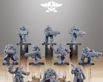 May include: A collection of gray miniature figurines, each depicting a character with weapons and armor. The figurines are displayed on clear stands. The text "STATIONFORGE" and a skull logo are at the top.