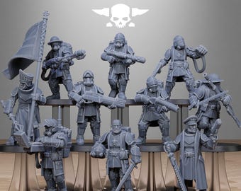 May include: A collection of gray miniature figurines of soldiers, some with gas masks, holding weapons and flags. The text "STATIONFORGE" is at the top of the image, along with a skull and crossbones logo.