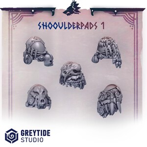 May include: Five gray shoulder pads with intricate designs, including skull and organic textures. The text "SHOOUULDERPADS 1" is displayed at the top. The Greytide Studio logo is at the bottom.