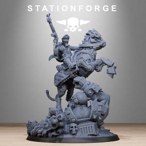May include: A detailed gray miniature sculpture featuring a figure on a mechanical horse, holding a rifle. The sculpture includes a second figure being crushed beneath the horse. The text "STATIONFORGE" is at the top.