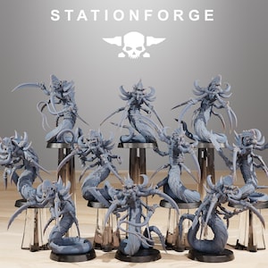 May include: A group of grey fantasy miniatures, each representing a serpentine creature with multiple arms and blades. The miniatures are displayed on clear stands. The text "STATIONFORGE" and a skull logo are visible at the top.
