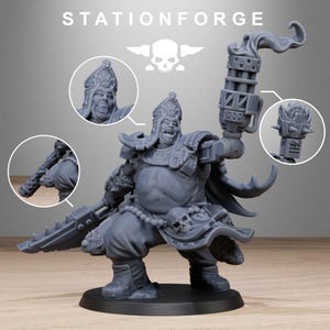 May include: A gray miniature figure of a warrior in ornate armor, holding a large weapon with a flame effect. The figure has a detailed helmet and is posed on a black base. The text "STATIONFORGE" is at the top.