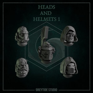 May include: A collection of five detailed, gray-toned miniature heads and helmets. The image features a variety of designs, including hooded figures, armored helmets, and detailed facial features. Text at the top reads "HEADS AND HELMETS 1". The bottom text reads "GREYTIDE STUDIO".