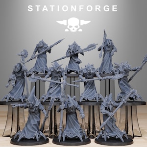 May include: A group of grey miniature figures, each with a distinct design, arranged on a tiered platform. The figures are clad in robes and carry diverse weapons. The text "STATIONFORGE" and a skull logo are displayed.