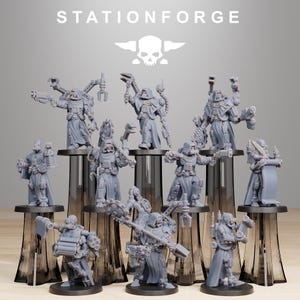 May include: A collection of gray miniature figurines, each depicting a futuristic warrior with various mechanical attachments and weapons. The figurines are displayed on clear, dark-tinted stands. The word "STATIONFORGE" is printed at the top.