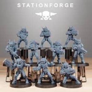 May include: A collection of gray miniature figurines of soldiers, some standing on a black platform. The figurines are in various action poses, holding weapons. The text "STATIONFORGE" is at the top.