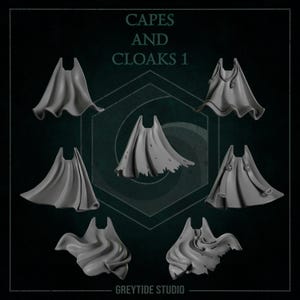May include: A collection of gray capes and cloaks in various styles, with different textures and details. Some capes are tattered, while others have decorative elements. The text "CAPES AND CLOAKS 1" is at the top.