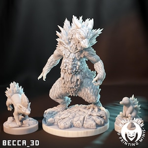 Op de afbeelding: Een verzameling van drie witte 3D-geprinte fantasie-wezen beeldjes. De centrale figuur is een groot, tweebenig monster met stekelig haar en een dreigende uitdrukking. Er zijn ook twee kleinere wezens aanwezig.