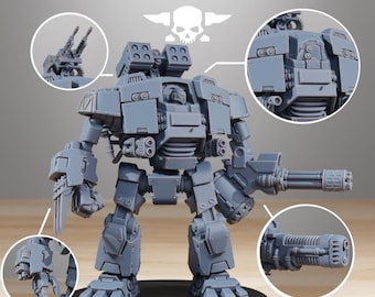 May include: A gray, detailed model of a mech robot with multiple weapon attachments. The model has a detailed design with various mechanical components, including a large gun, missile launchers, and articulated limbs. The word "STATIONFORGE" is at the top.