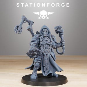 May include: A gray miniature figure of a hooded character with a skull face, holding mechanical tools and a circular saw-like device. The figure is on a black base, with the text "STATIONFORGE" and a skull logo above.