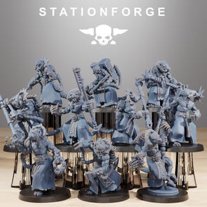 May include: A collection of gray miniature figures, each with intricate details, standing on black bases. The figures are in various poses, some holding weapons. The text "STATIONFORGE" and a skull logo are at the top.