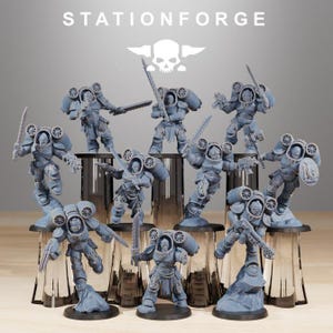 May include: A group of grey miniature soldier figurines, each armed with weapons such as swords and guns. The figurines are displayed on clear stands. The text "STATIONFORGE" and a skull logo are at the top.