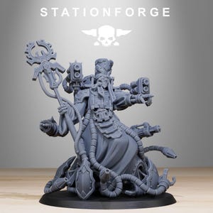 May include: A gray miniature figure of a character with a staff, multiple mechanical attachments, and a long robe. The figure is on a black base, with the text "STATIONFORGE" and a skull logo above it.