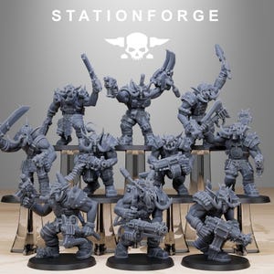 May include: A collection of gray miniature figures, each armed with weapons and armor. The figures are arranged on two tiered platforms. The text "STATIONFORGE" and a skull logo are visible at the top of the image.
