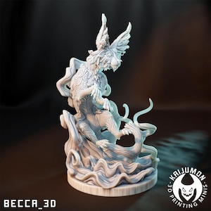May include: A detailed, light gray 3D-printed figurine of a mythical creature with rabbit-like features, large ears, and intricate patterns. The creature is posed dynamically, surrounded by stylized smoke or water effects. The base is round, and the figurine has the text "BECCA_3D" and a logo.