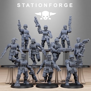 May include: A collection of gray miniature figurines of soldiers, each holding a weapon. The figurines are posed in various action stances. The text "STATIONFORGE" and a skull logo are at the top.