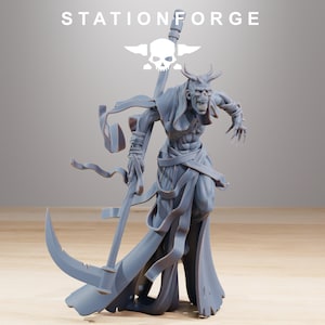 May include: A gray, 3D-printed demon figure with horns, a skeletal face, and a scythe. The figure is wearing draped fabric and has a menacing expression. The text "STATIONFORGE" is at the top.