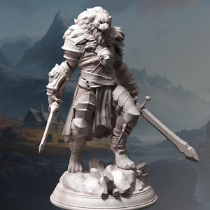 May include: A detailed, off-white figurine of a lion-headed warrior, clad in armor and holding two swords. The figure stands on a rocky base with crystal-like formations. The background features a mountain landscape.