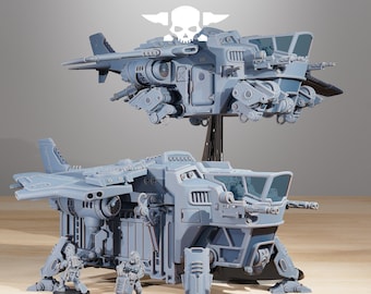 May include: Two gray, detailed model vehicles, one airborne and one ground-based, with miniature figures. The top vehicle is suspended above the other. The text "STATIONFORGE" is at the top, with a skull and crossbones logo.
