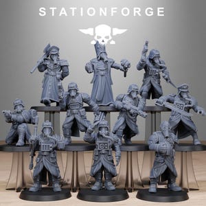 May include: A group of grey miniature soldier figurines, each wearing a gas mask and military uniform. The figurines are displayed on black platforms. The image includes the text "STATIONFORGE" and a skull and crossbones logo at the top.