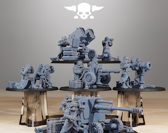 May include: A collection of gray miniature military figures and artillery pieces, including a mortar, rocket launcher, and cannon. The figures are posed in action, and the text "STATIONFORGE" is at the top of the image.