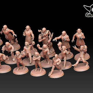 Könnte beinhalten: Eine Sammlung detaillierter, rotbrauner Miniaturfiguren verschiedener Charaktere, jeweils auf einer kreisförmigen Basis. Die Figuren zeigen eine Vielzahl von Posen und Ausdrücken, einige halten Objekte. Das Calavera3D-Logo ist oben rechts zu sehen.