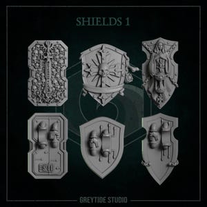 May include: A collection of six gray shields with intricate designs. The shields feature skulls, figures, and mechanical elements. The text "SHIELDS 1" is at the top, and "GREYTIDE STUDIO" is at the bottom.