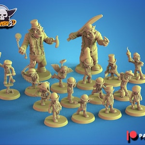 May include: A collection of miniature figurines in various poses, including figures with top hats, holding tools, and wielding weapons. The figurines are in a light tan color and are arranged on a blue background. The logo "CALAVERED3D" is visible.