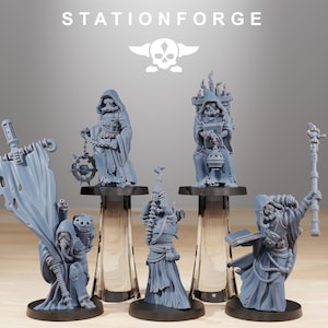 May include: A collection of gray miniature figurines, each depicting a robed figure with detailed armor and accessories. The figurines are displayed on clear stands against a neutral background. The text "STATIONFORGE" and a skull logo are visible at the top.
