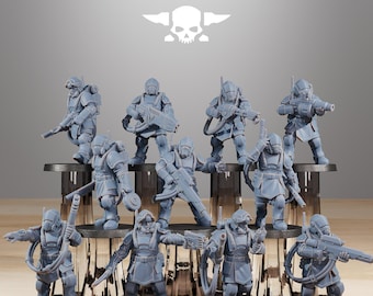 May include: A collection of gray miniature figurines of soldiers, each equipped with weapons and armor. The figurines are arranged on a tiered platform, with the text "STATIONFORGE" and a skull logo at the top.