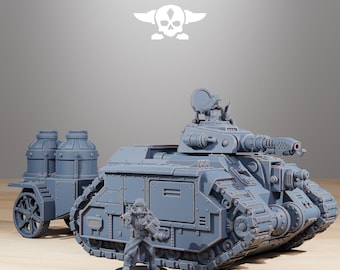 May include: A gray miniature tank with a detailed design, featuring a large cannon and track wheels. A smaller figure stands in front of the tank. The text "STATIONFORGE" is at the top of the image.