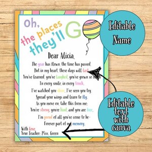 Könnte beinhalten: Ein farbenfroher, gerahmter Druck mit dem Text "Oh, the places they'll go" und einer Nachricht an Alicia. Das Design beinhaltet einen Ballon und Bereiche für editierbaren Text. Der Rahmen hat einen Regenbogenrand.