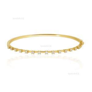 Minimalist Round Diamond Bangle Bracelet Dainty 14K Real Gold Sparkly Diamond Bangle Modern Everyday Wear Stacking Elegant Thin Bracelet