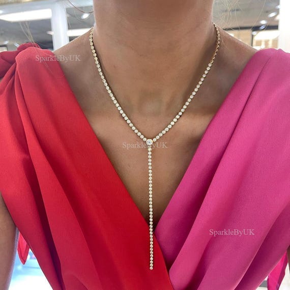 Bezel Set Round Diamond Tennis Lariat Necklace 14k 18k Real Solid Gold Lab Grown Diamond Y Necklace Daily Wear Minimalist Lariat Necklace