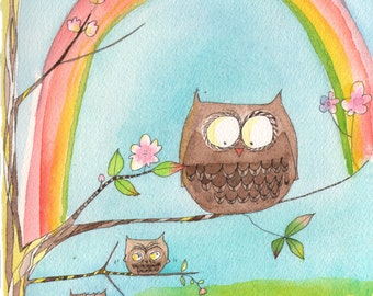 Owls and Rainbow original watercolor painting