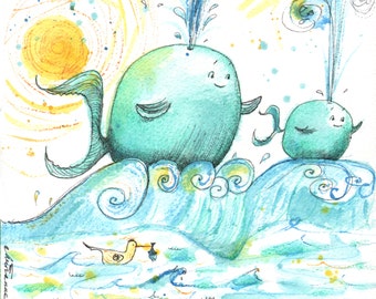 Baby Whale Swim - 5"x5" greeting card