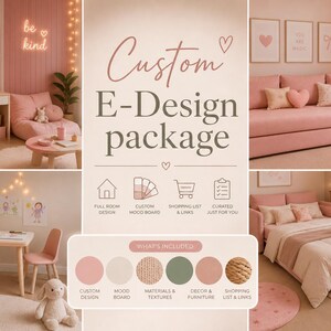 Puede incluir: Un collage que muestra conceptos de diseño de interiores. La imagen presenta varias habitaciones con esquemas de color rosa y neutro, incluyendo un escritorio, una zona de estar y un dormitorio. El texto dice "Custom E-Design package" con servicios incluidos.