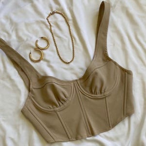 Taupe Stretch Corset Top: Beige Sleeveless Bustier