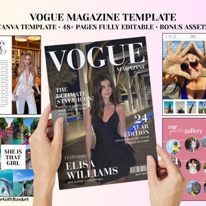 Könnte beinhalten: Ein Vogue-Magazin-Template mit dem Text "VOGUE MAGAZINE TEMPLATE" und "CANVA TEMPLATE". Das Cover des Magazins zeigt eine Frau in einem schwarzen Kleid. Zusätzliche Bilder und Texte sind enthalten, wie "24 YEAR EDITION" und "ELISA WILLIAMS".