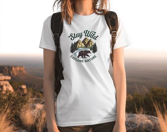 Camping Gift Women Outdoor Clothing Classic Fit Shirt Heavyweight Cotton Tshirt Graphic Design Stay Wild Adventure Apparel Campfire Hiking