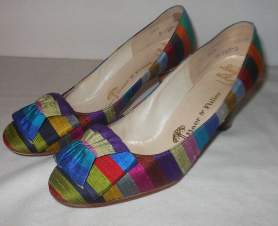 Gorgeous Rainbow Fabric Covered 1960's Heels Shoes