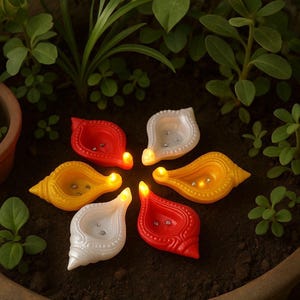 Puede incluir: Vista superior de seis lámparas de aceite decorativas y coloridas dispuestas en círculo. Las lámparas son rojas, blancas y amarillas, cada una con una pequeña luz parpadeante. Están colocadas en tierra oscura, rodeadas de plantas verdes.