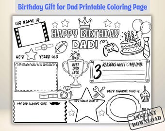 Página para colorear de Feliz Cumpleaños Papá / Hoja de trabajo para completar Todo sobre Papá / Regalo para niños para papá