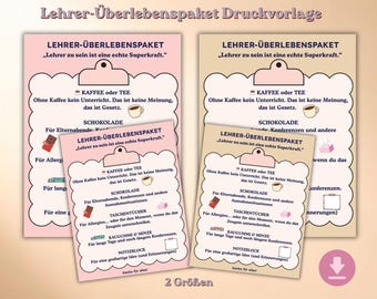 Lehrer-Überlebenspaket Druckvorlage | Lehrerin Geschenk | Schulanfang | Lehrertag | Sofortdownload PDF | 2 Größen