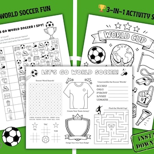 Puede incluir: Un juego de actividades 3 en 1 con juegos y rompecabezas con temática de fútbol. Incluye una búsqueda de palabras, un laberinto y un juego de "I Spy". Presenta un balón de fútbol, un trofeo y el texto "World Soccer Fun" y "World Cup". Descarga instantánea.
